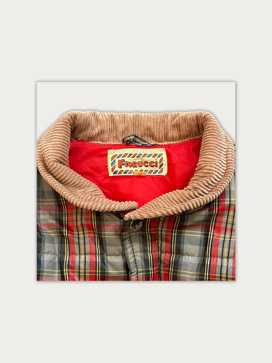 Rare 80s Vintage Fiorucci Plaid Quilted Puffer Jacket with a Corduroy Collar