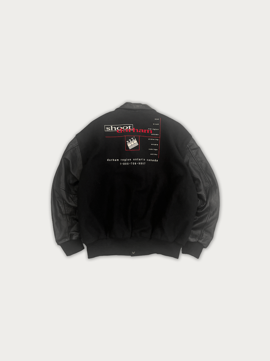 "Shoot Durham" Leather+Wool Varsity Jacket, detail 2
