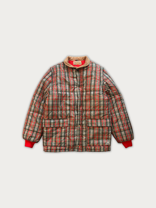 Rare 80s Vintage Fiorucci Plaid Quilted Puffer Jacket with a Corduroy Collar