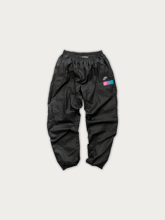 Vintage 90s Nike Silver Tag 3-Color Block Logo Nylon Track Pants (Black)